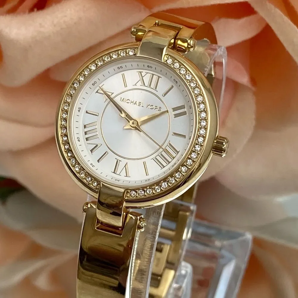 Michael Kors Mini Laney Crystal Accented Bezel Gold-Tone Bangle Watch